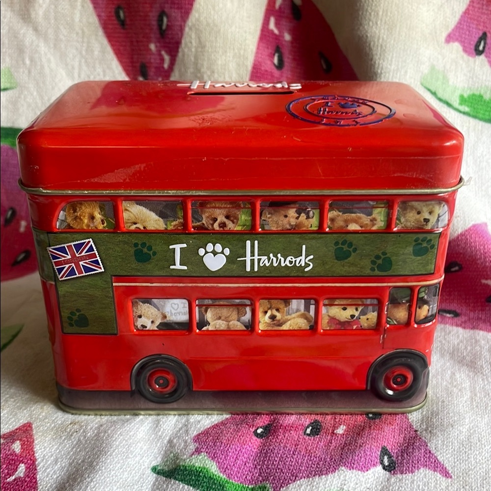 Harrods London bears bus tour tin coin bank Red
